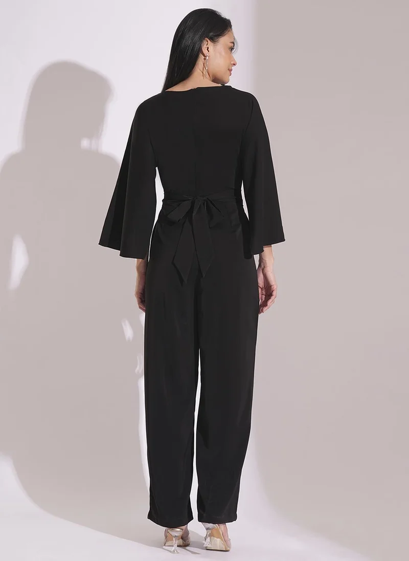 globus  Globus Women Boat Neck Cape Sleeves Tie-Up Detail Satin Party Jumpsuit for Women | Best Price UAE